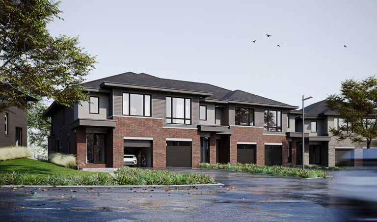 Second view of a red brick Klondike Ridge townhome exterior