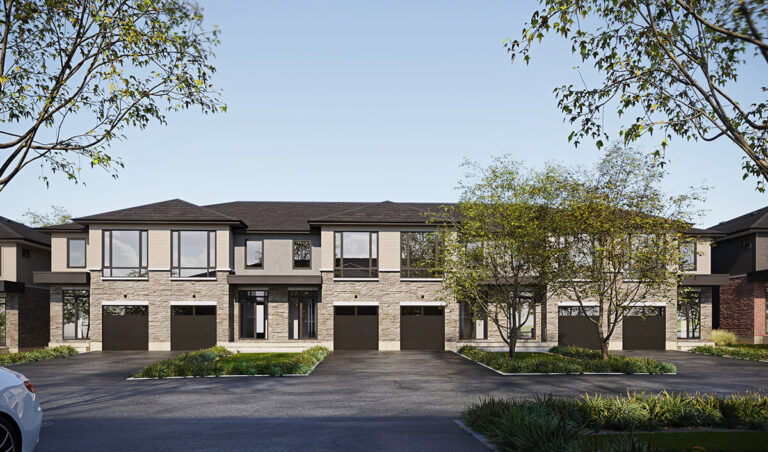 Front view of a Shadowstone brick Klondike Ridge townhome