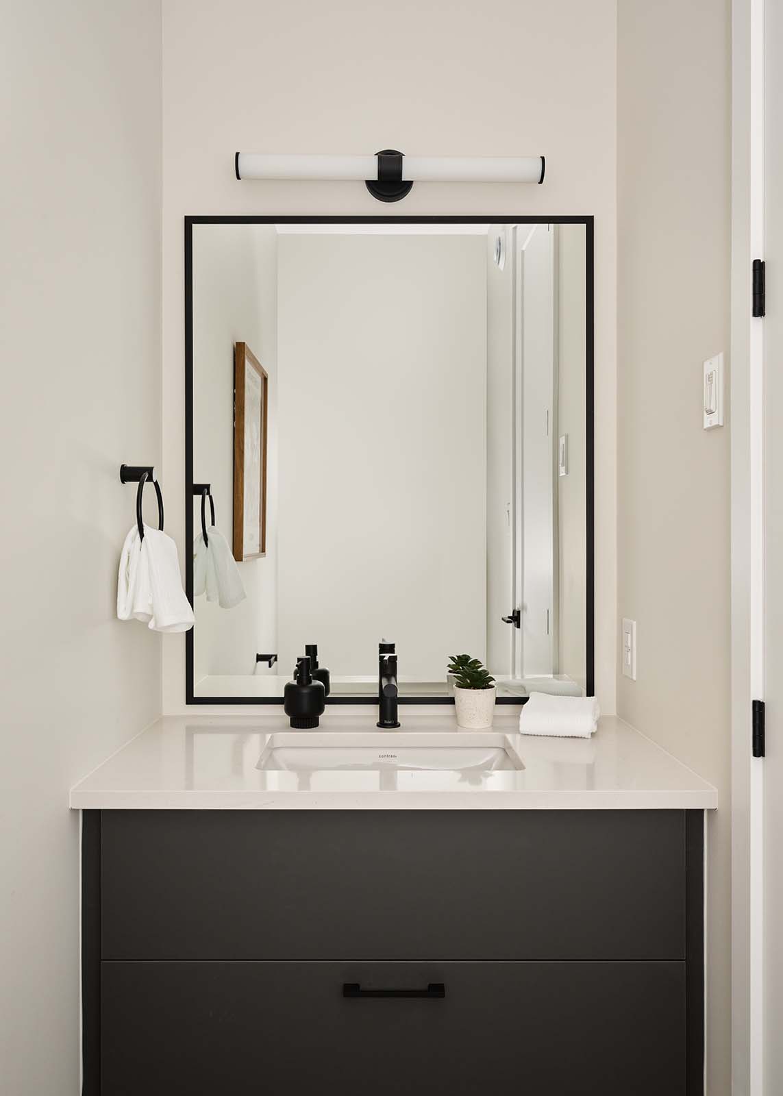 Powder room vanity with black fixtures