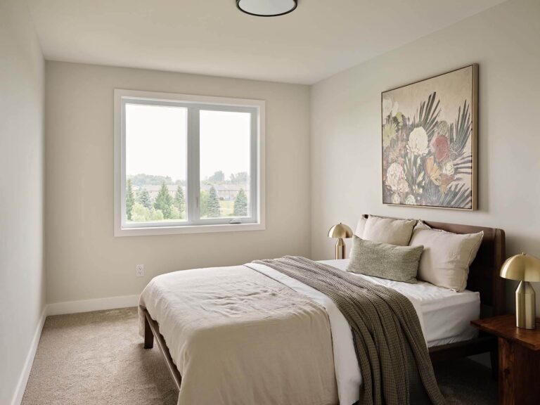 Bedroom with upholstered bed and neighbourhood view