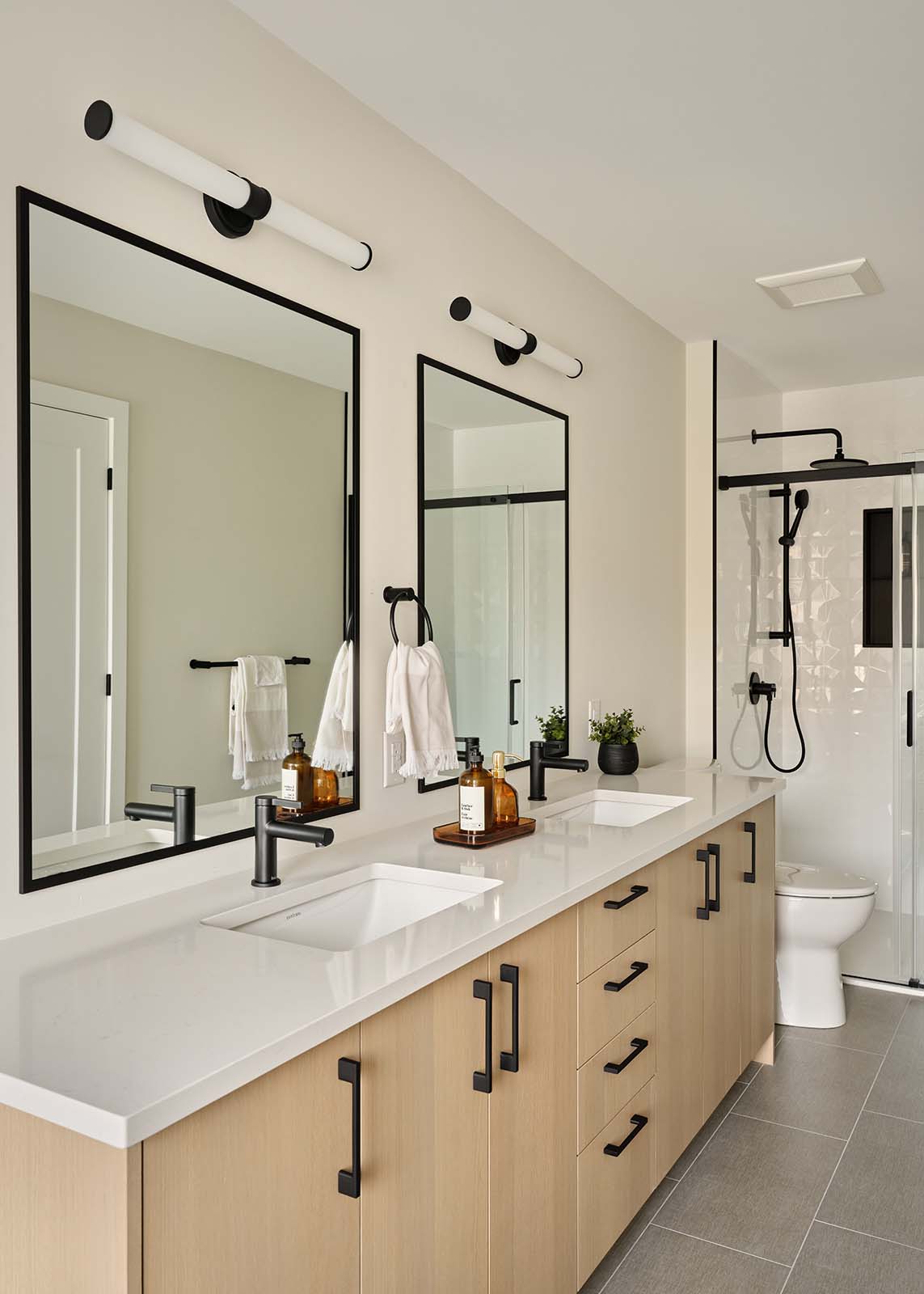 Ensuite double vanity with glass shower