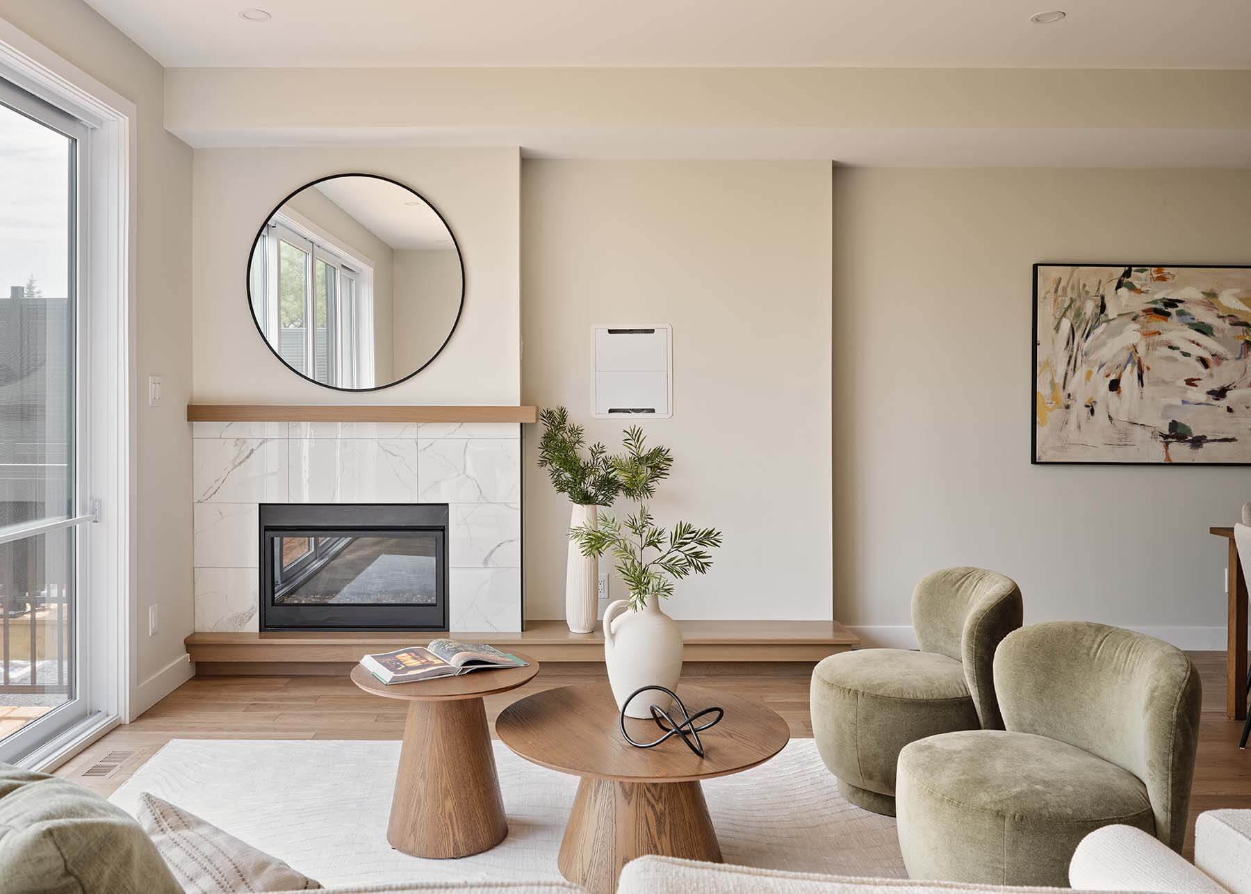Living room fireplace with modern seating